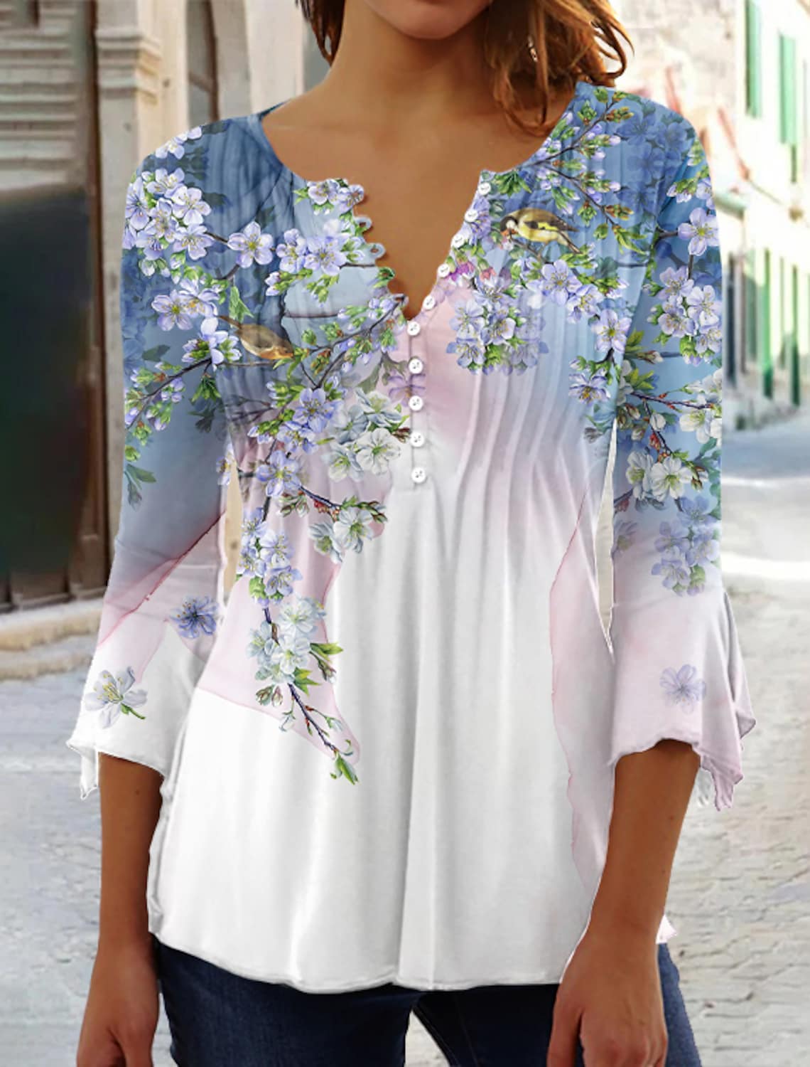 Women's Shirt Blouse Blue Floral Button Print 3/4 Length Sleeve Holiday Weekend Streetwear Casual Round Neck Regular Floral
