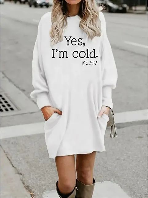 Women's Casual Dress Hoodie Dress Winter Dress Letter Pocket Print Crew Neck Mini Dress Fashion Streetwear Outdoor Daily Long Sleeve Loose Fit White Blue Khaki Fall Winter S M L XL XXL