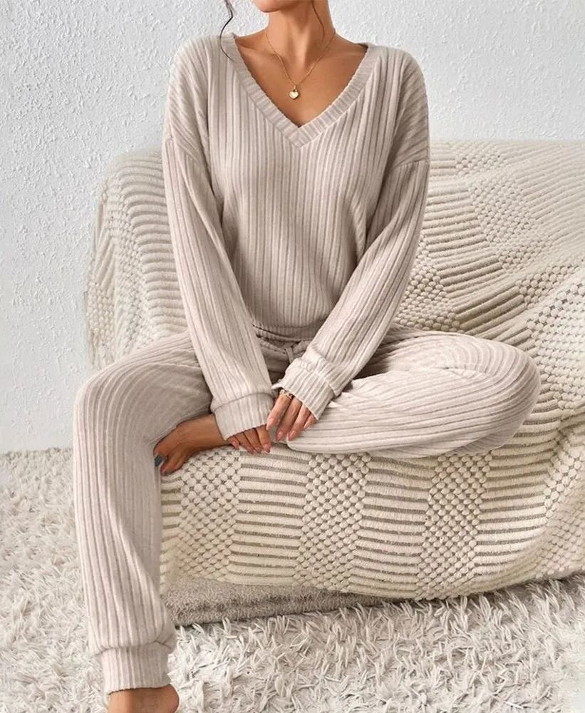 Khaki V-Neck Plain Two Piece Set