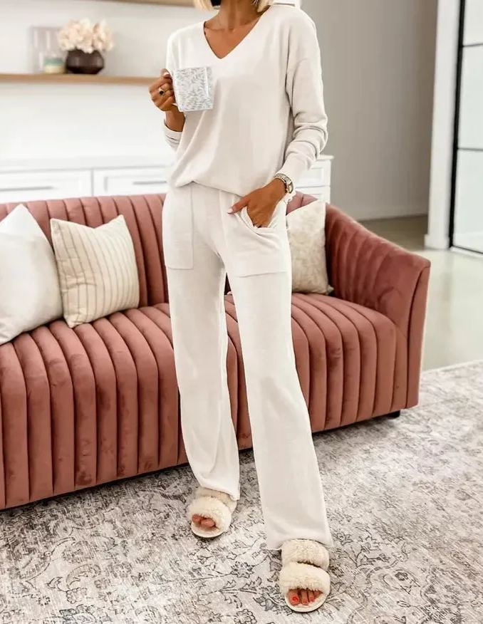 Apricot Plain V-Neck Two Piece Set