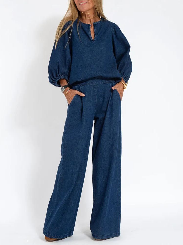 Casual Denim Two-piece Set Loose Puffed Sleeve Blouse and Wide-leg Pants