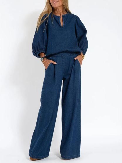 Casual Denim Two-piece Set Loose Puffed Sleeve Blouse and Wide-leg Pants