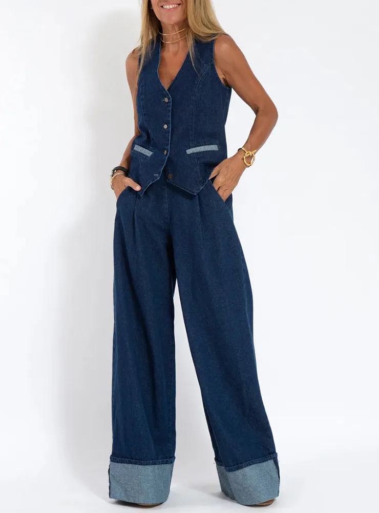 Casual Denim Two-piece Set Sleeveless Vest and Long Wide-leg Jeans Pants