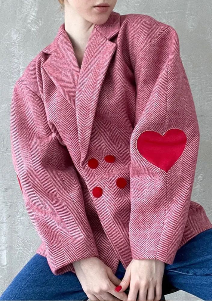 Woolen Lantern Sleeve Notched Heart Double Breasted Jacket