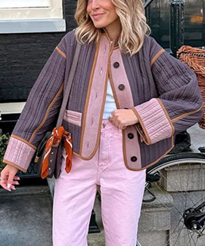 Patchwork Cotton Coat Women Single Breasted Jacket