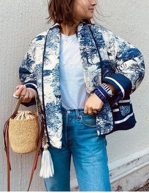 Printed Short Cotton Jacket Long Sleeved Pocket Female Coat