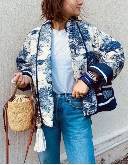 Printed Short Cotton Jacket Long Sleeved Pocket Female Coat
