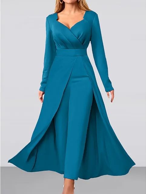 Women's Jumpsuit Solid Color V Neck Elegant Wedding Party Wide Leg Regular Fit Long Sleeve Black Blue S M L All Seasons
