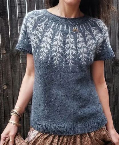 Vintage Icelandic Geometric Crew Neck Short Sleeve Knitted Sweater