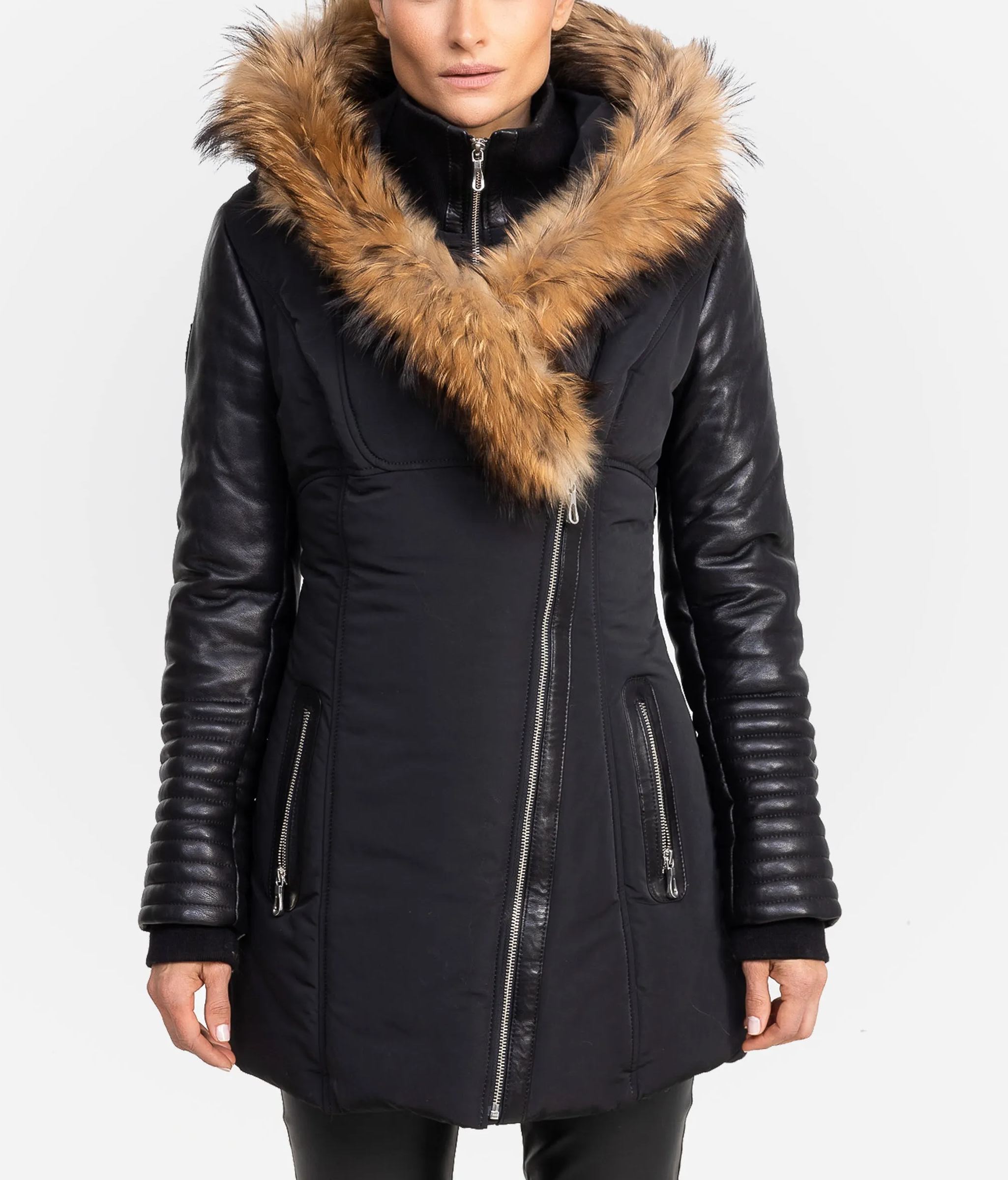 Melania Down Puffer With Leather Sleeves