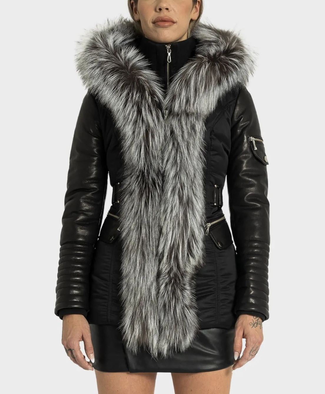 Kim Leather Sleeve Jacket with Silver Fox Fur