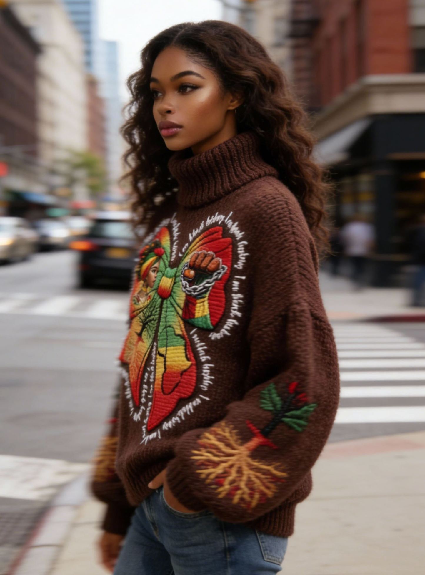 Women's Butterfly & Fist Embroidery Black History Month Turtleneck Sweater 