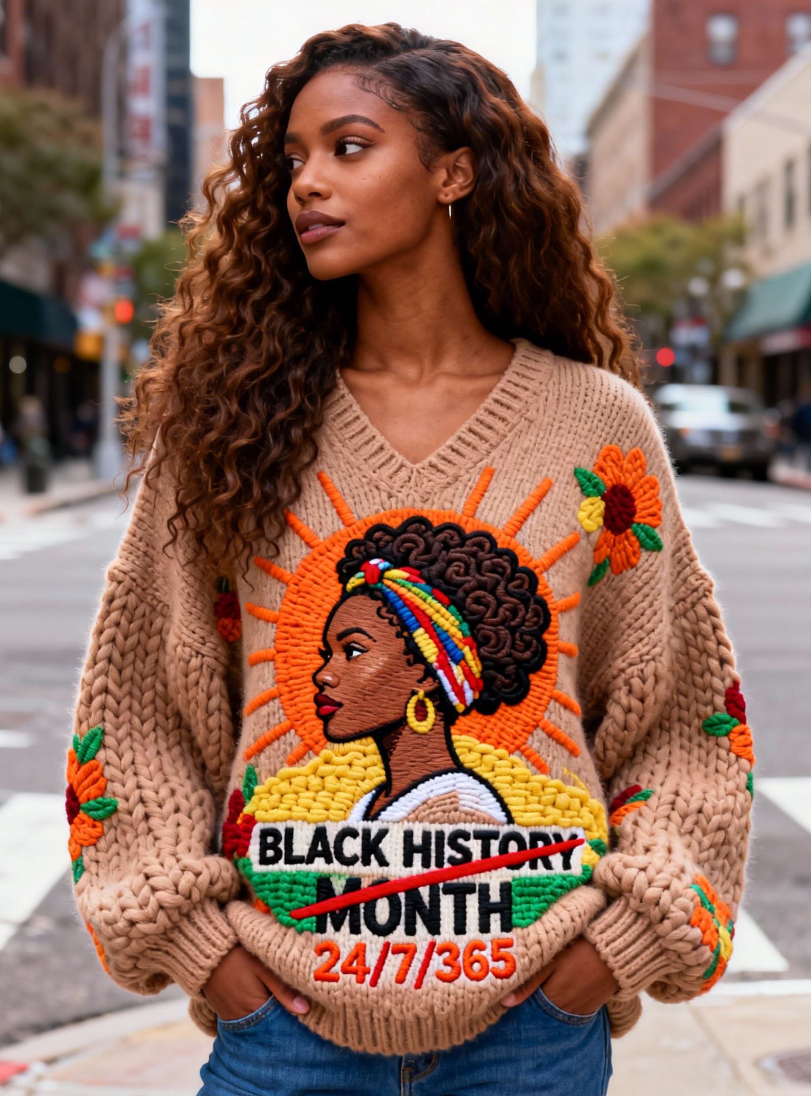 Women's Black History Month 24/7/365 V-Neck Sweater