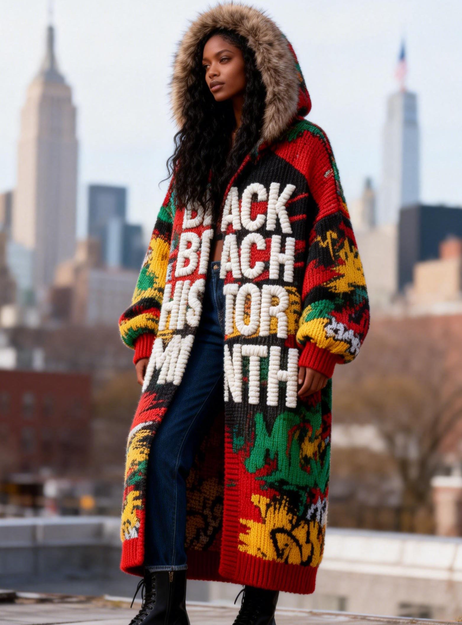 Women's Color Splash Black History Month Faux Fur Hooded Long Knit Coat