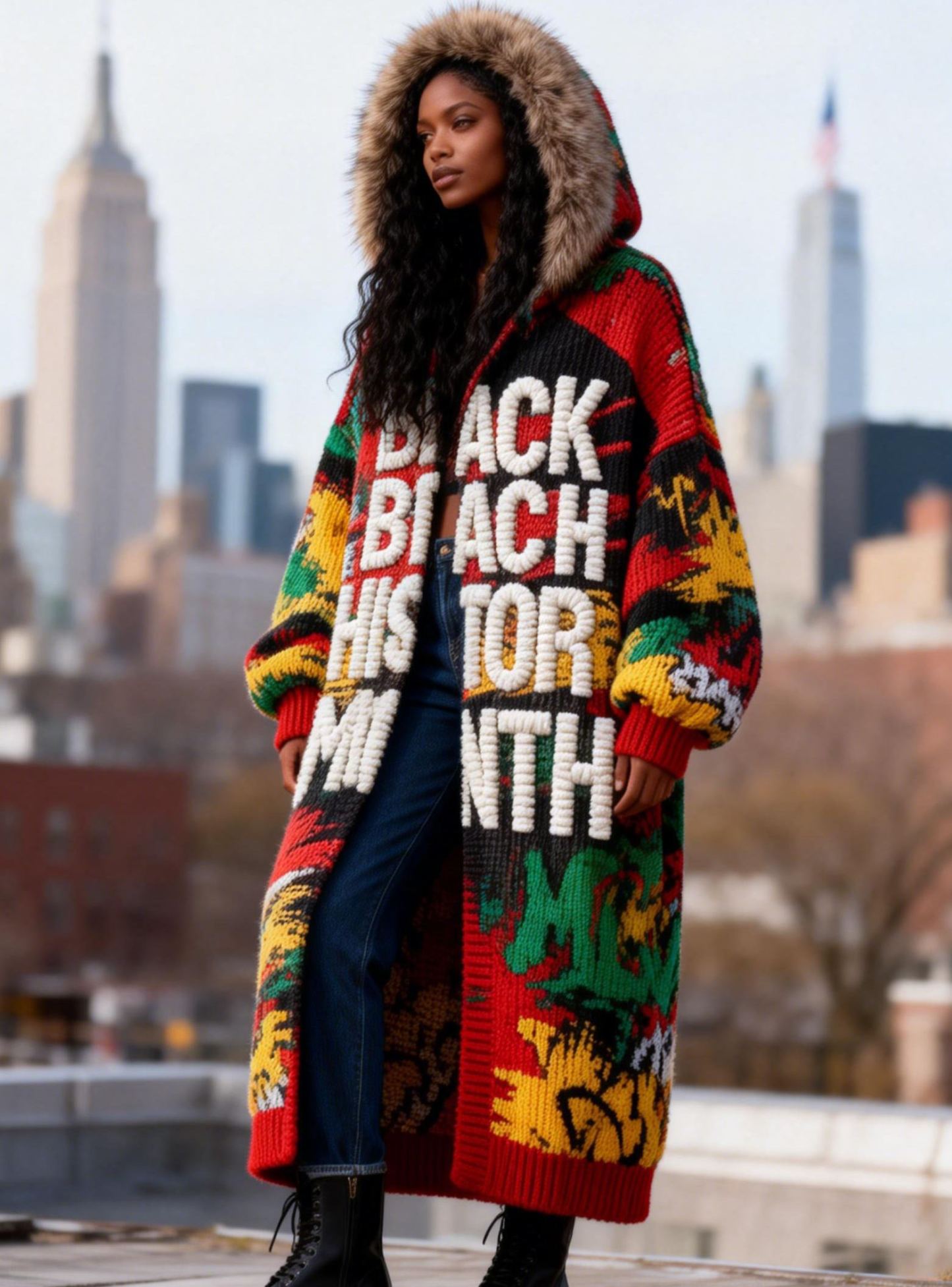 Women's Color Splash Black History Month Faux Fur Hooded Long Knit Coat