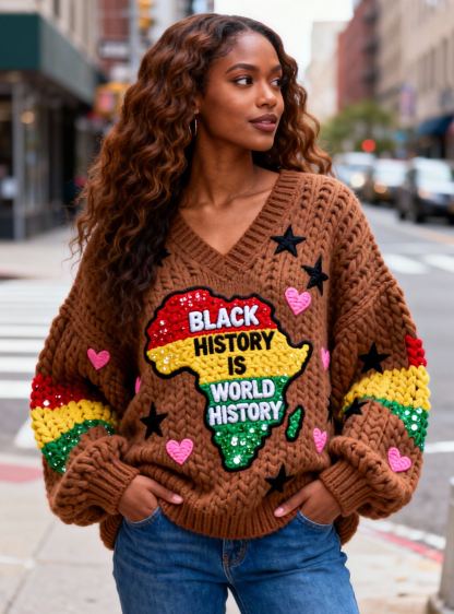 Women's Sequin Africa Map & Heart Star Black History Is World History V-Neck Sweater