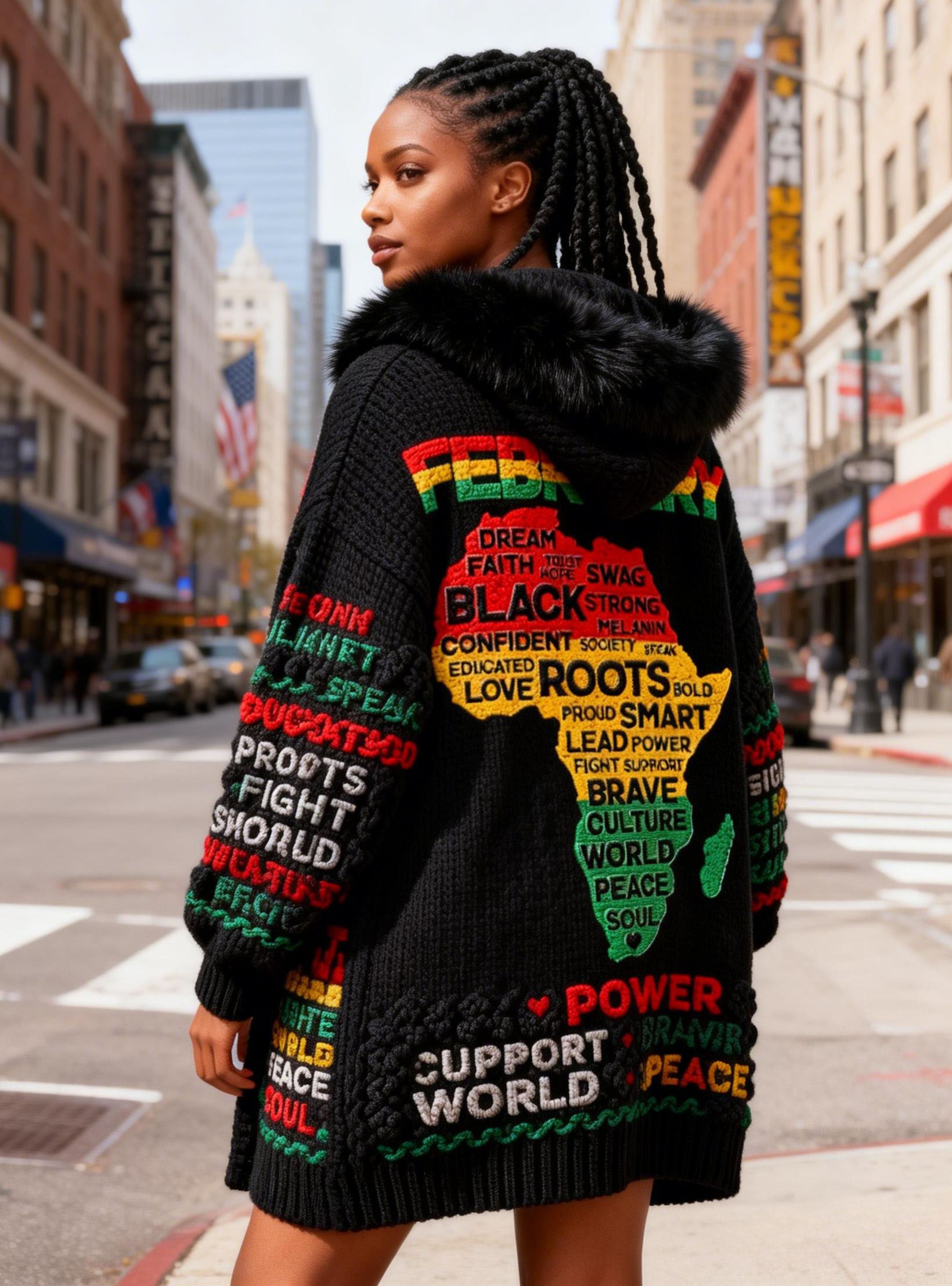 Women's Black History Roots Theme Faux Fur Hooded Sweater Cardigan
