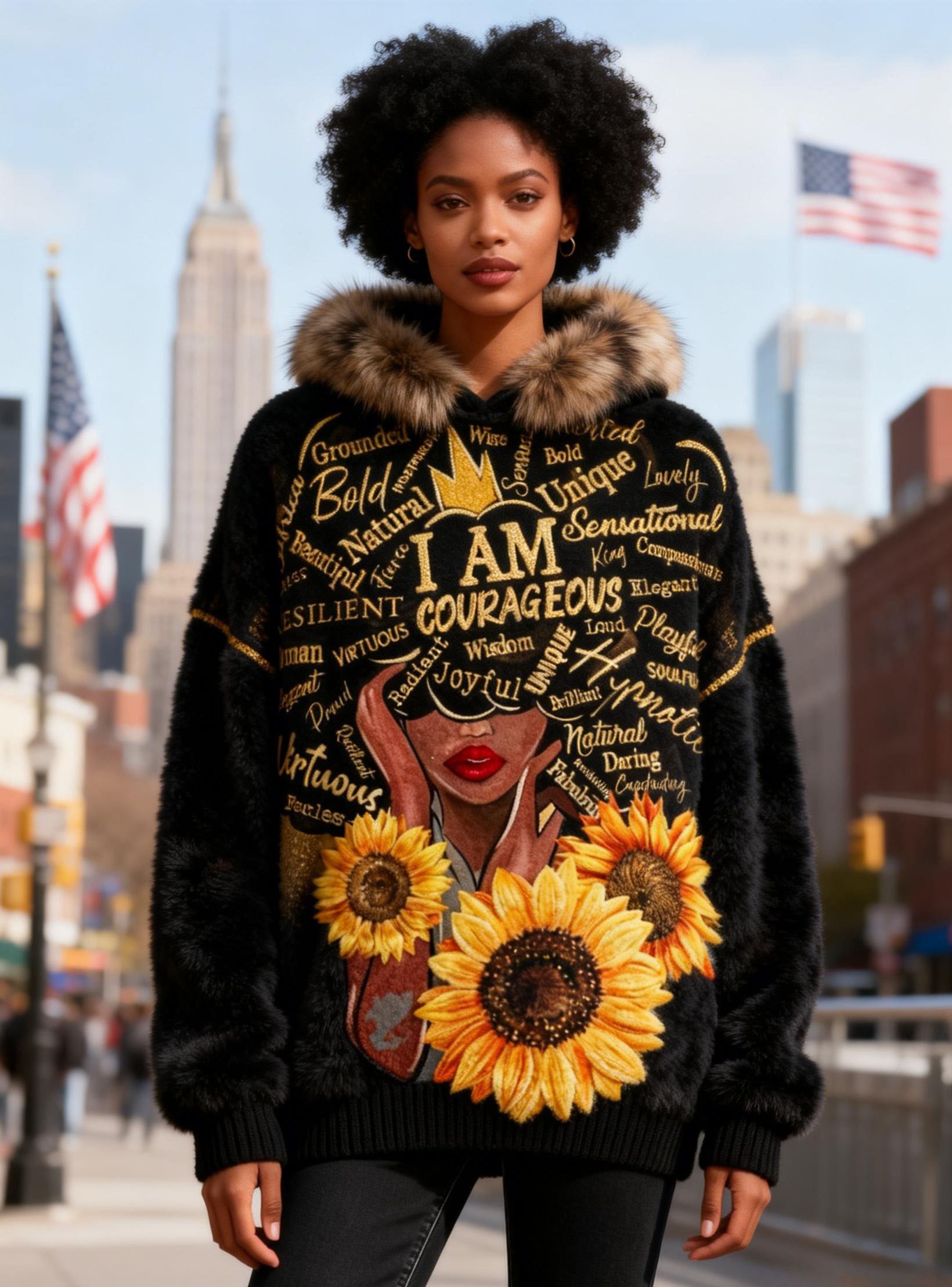 Women's I AM Courageous Black Sunflower Faux Fur Hooded Sweater