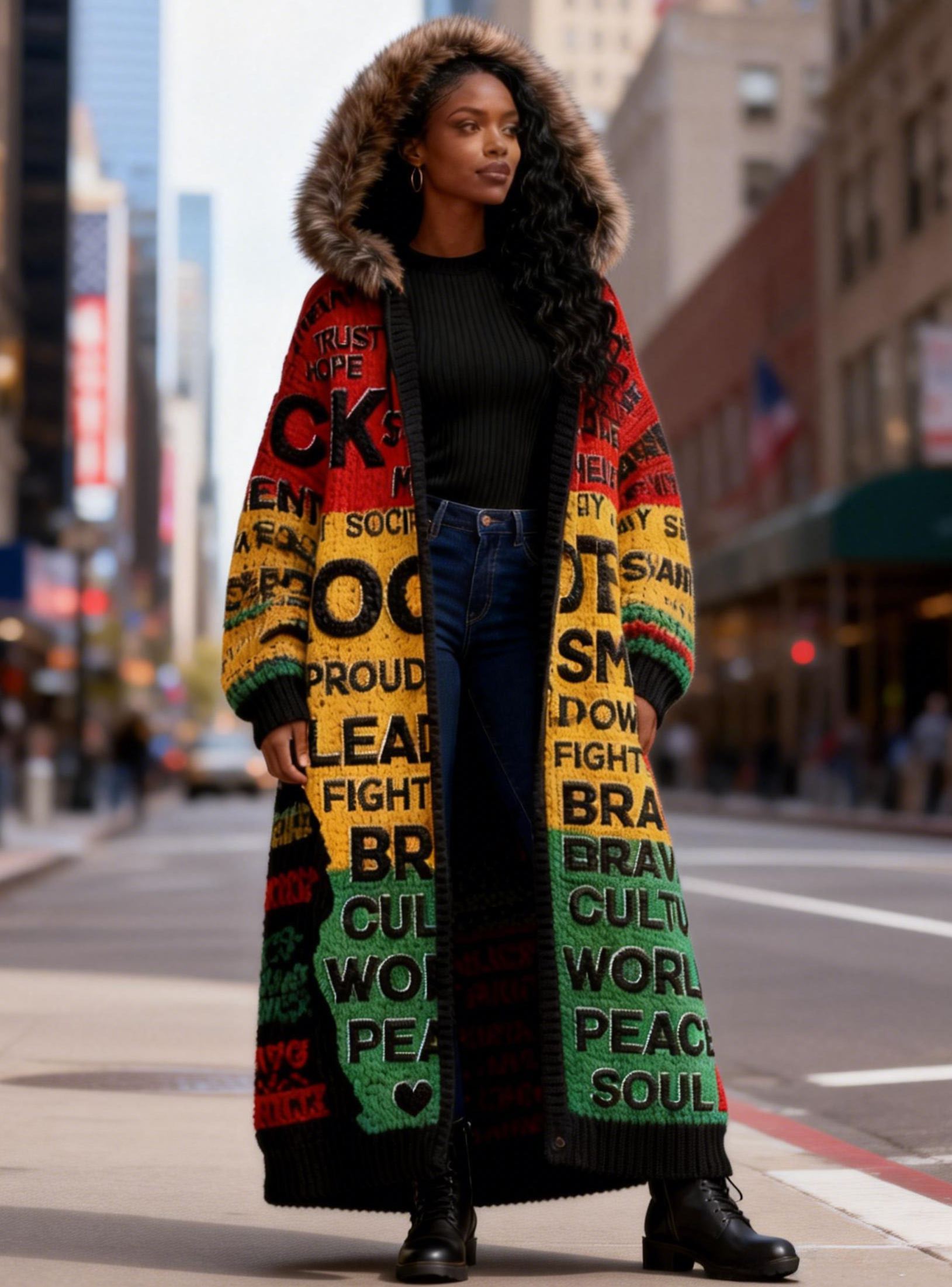 Women's Black History Multi-Slogan Faux Fur Hooded Long Knit Coat