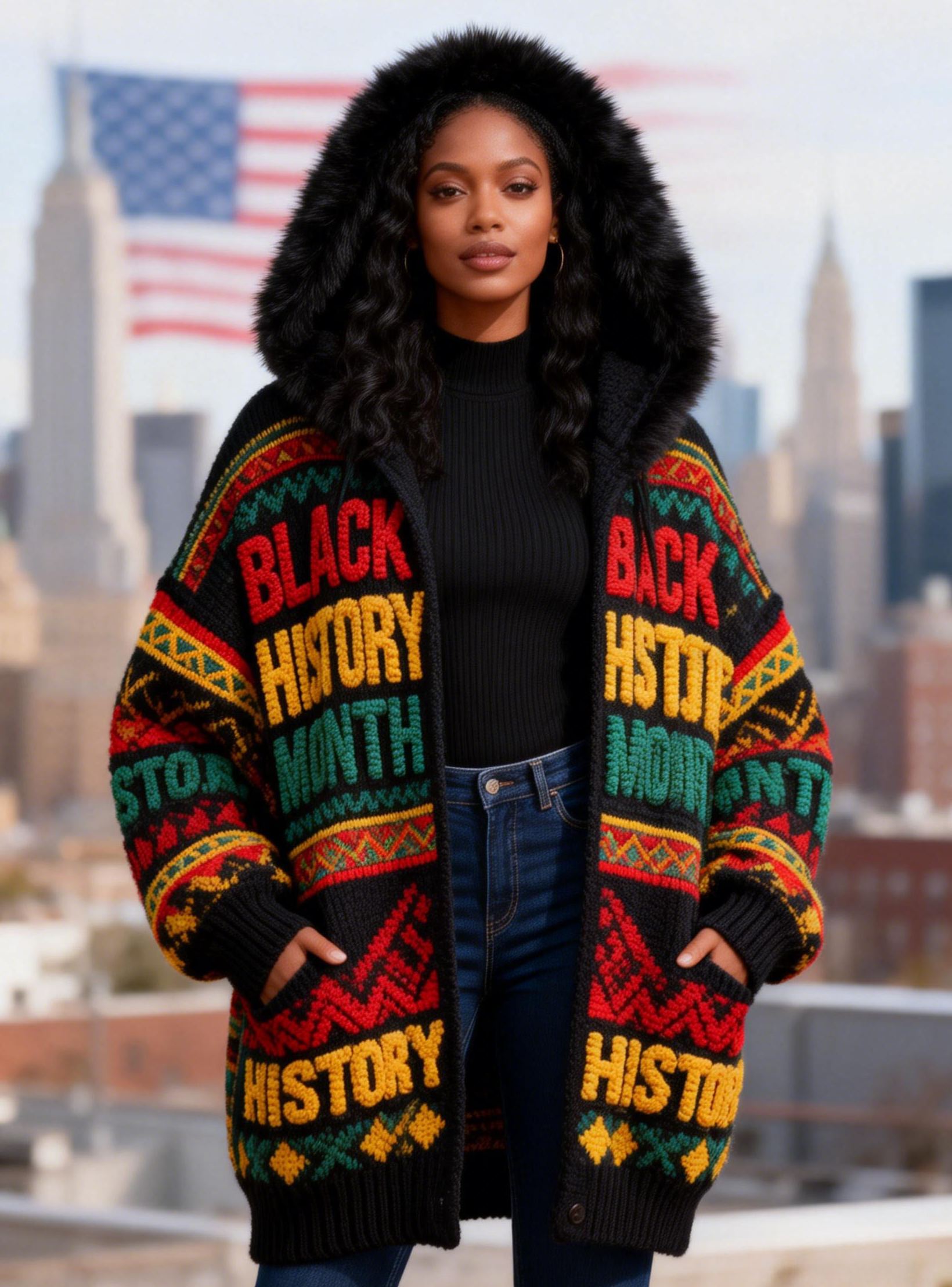 Women's Black History Ethnic Pattern & Bold Lettering Faux Fur Hooded Cardigan