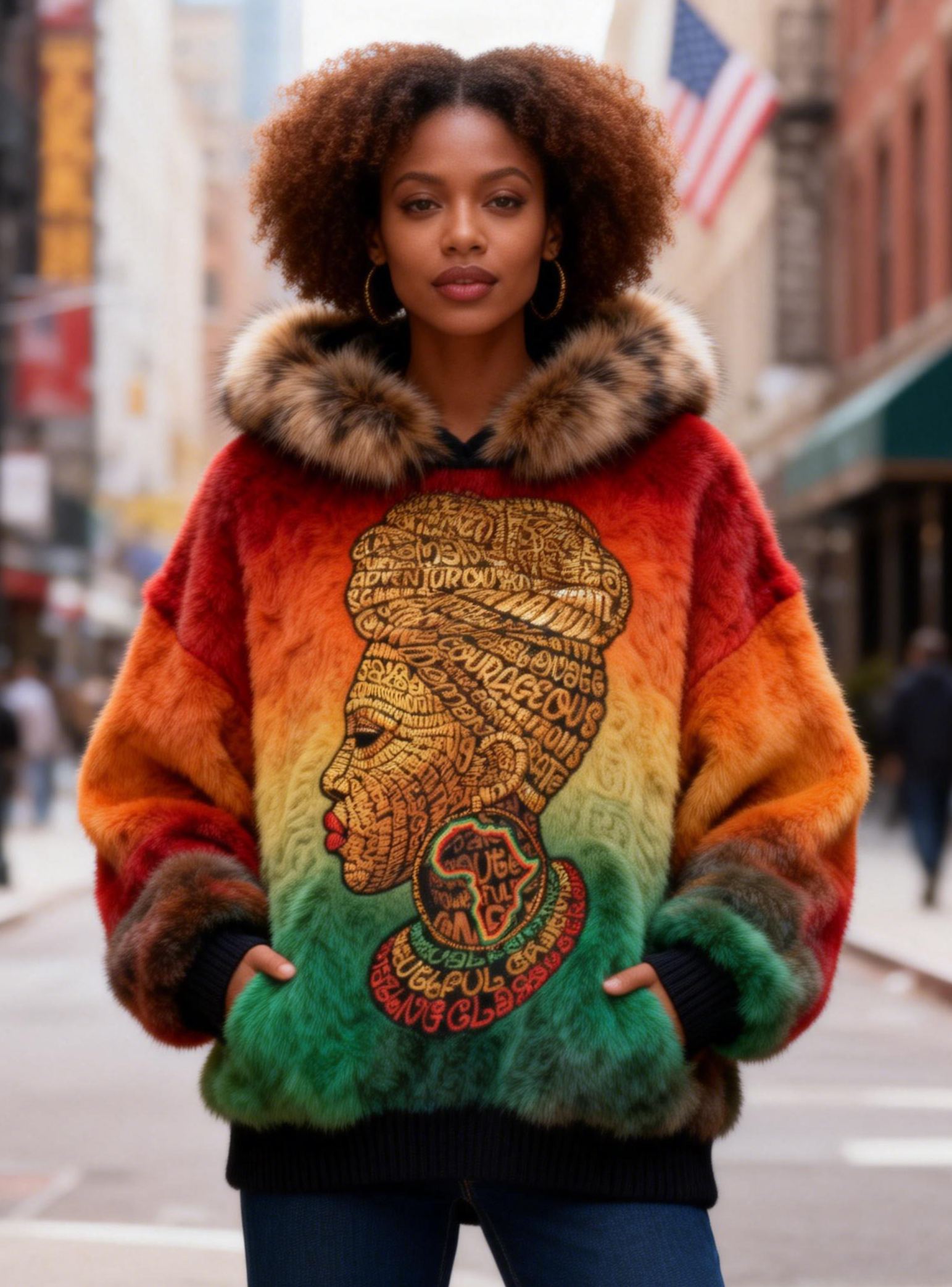 Women's African Portrait Gradient Faux Fur Black History Hoodie