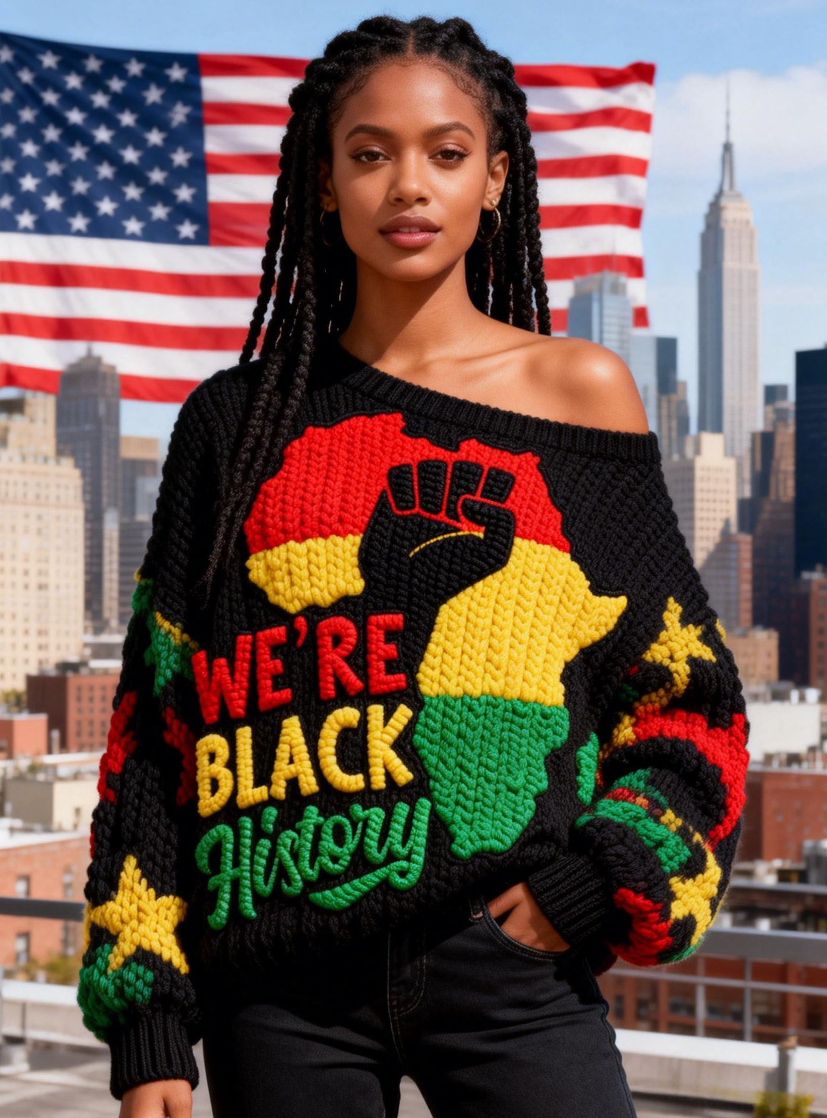 Women's African Map & Fist Emblem "We're Black History" Off-Shoulder Sweater 