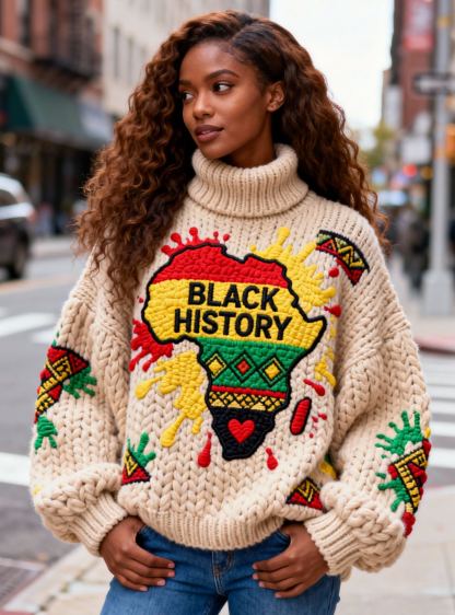 Women's African Map & Color Splash Ethnic Turtleneck Black History Sweater