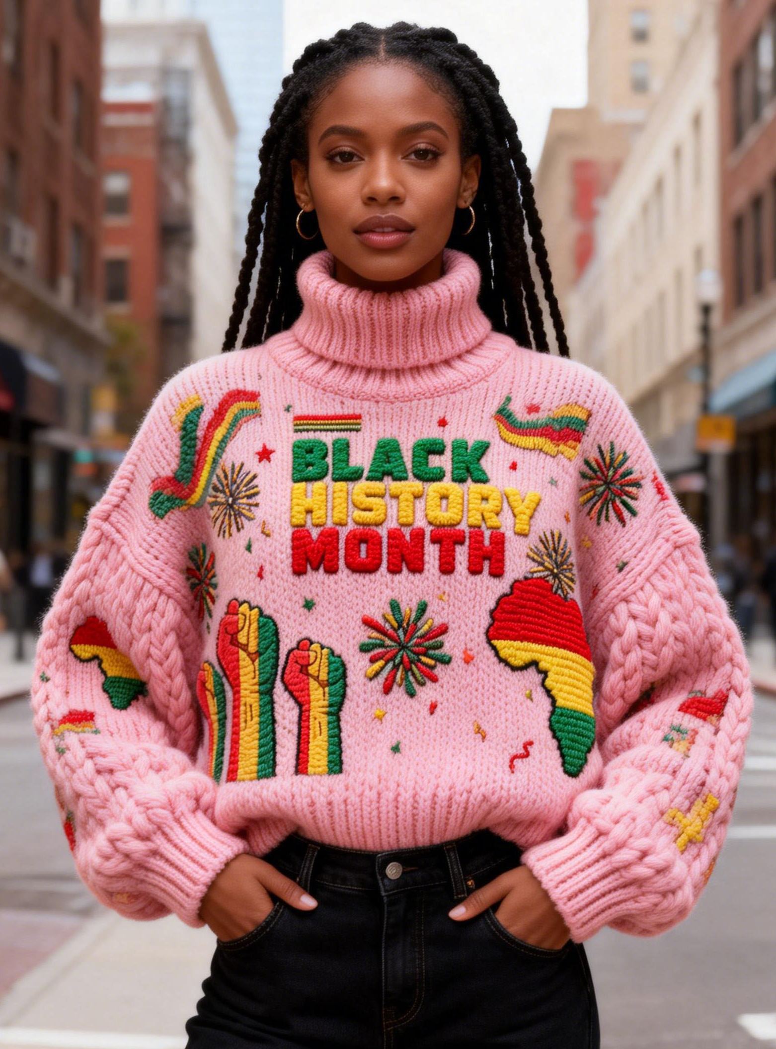 Women's Fist Emblem & African Map Firework Turtleneck Black History Month Sweater