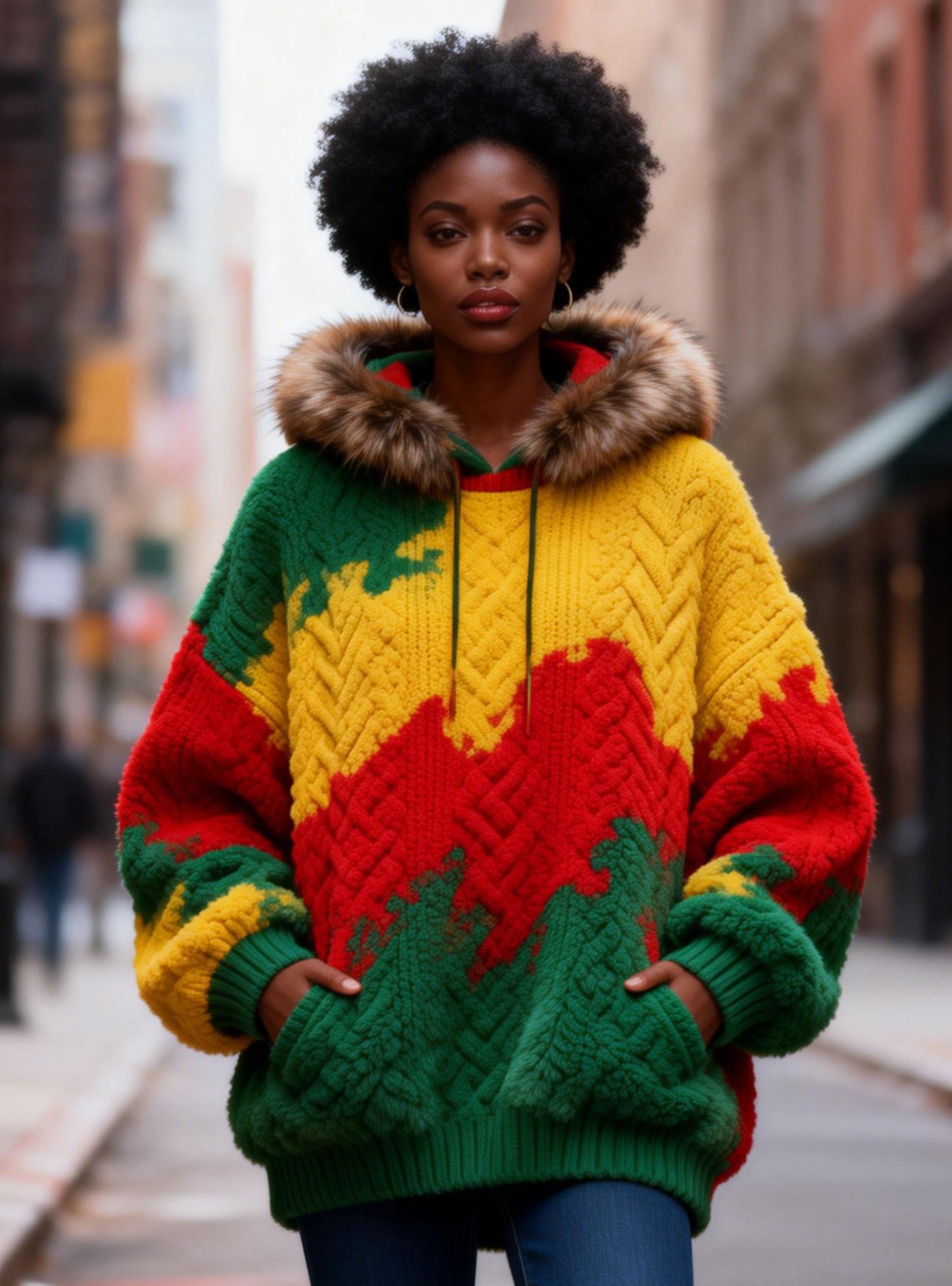 Women's Black History Color Block Cable Faux Fur Trim Knit Hooded Sweater