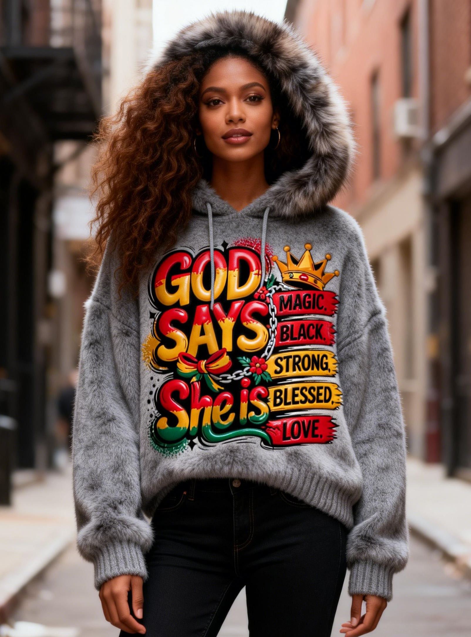 Women's "God Says She Is" Slogan Black History Faux Fur Hoodie