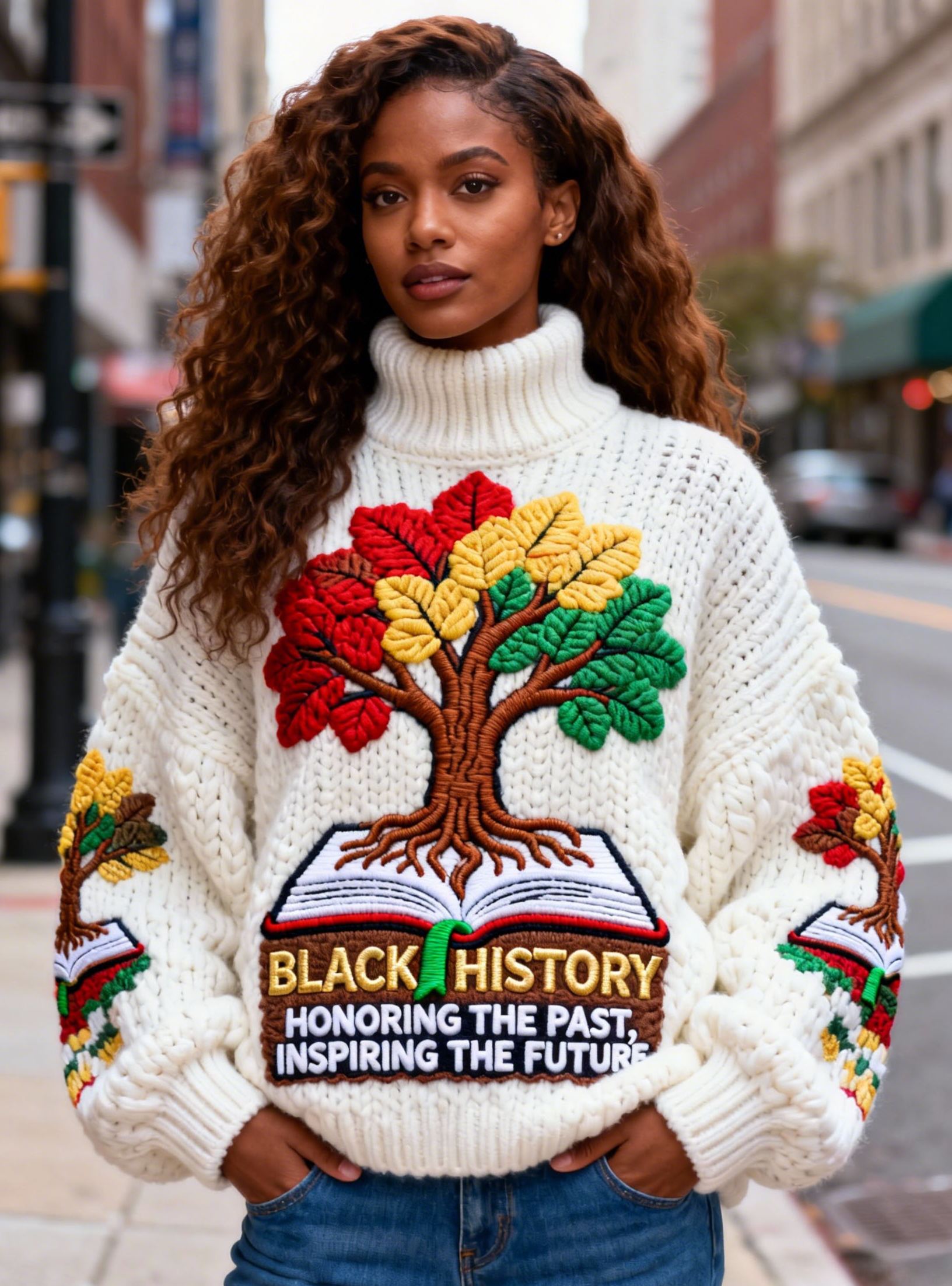 Women's Tree & Open Book Embroidery "Honoring the Past" Slogan Turtleneck Sweater 