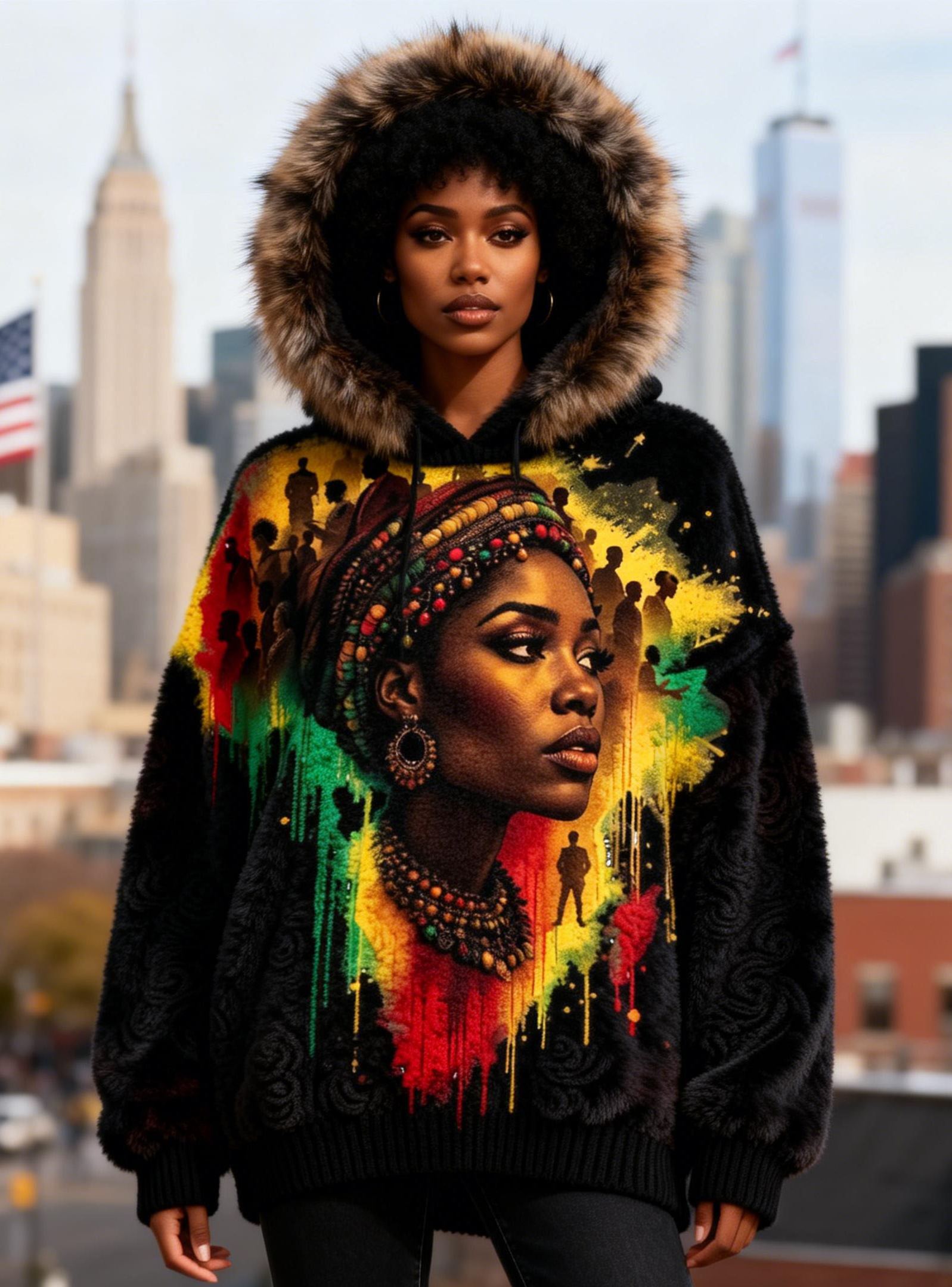 Women's Black History Female Portrait & Silhouette Splatter Black Faux Fur Hoodie