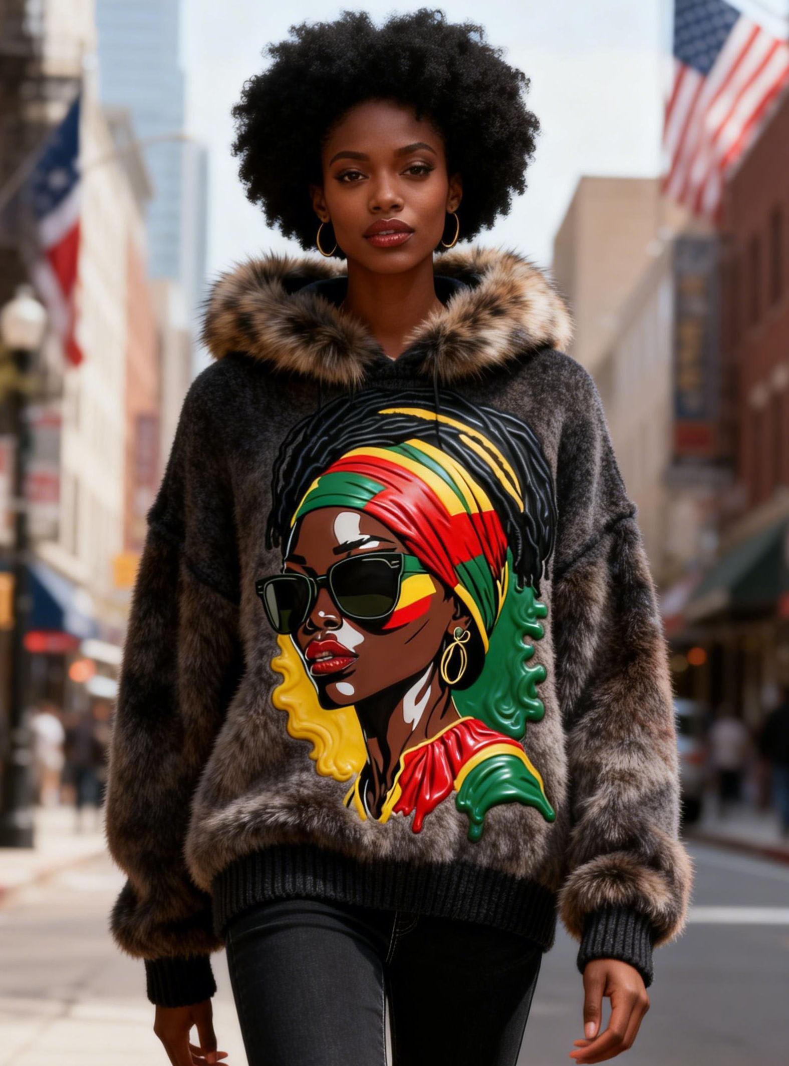 Women's Black History Themed Headwrap & Sunglasses Female Portrait Faux Fur Trim Hoodie