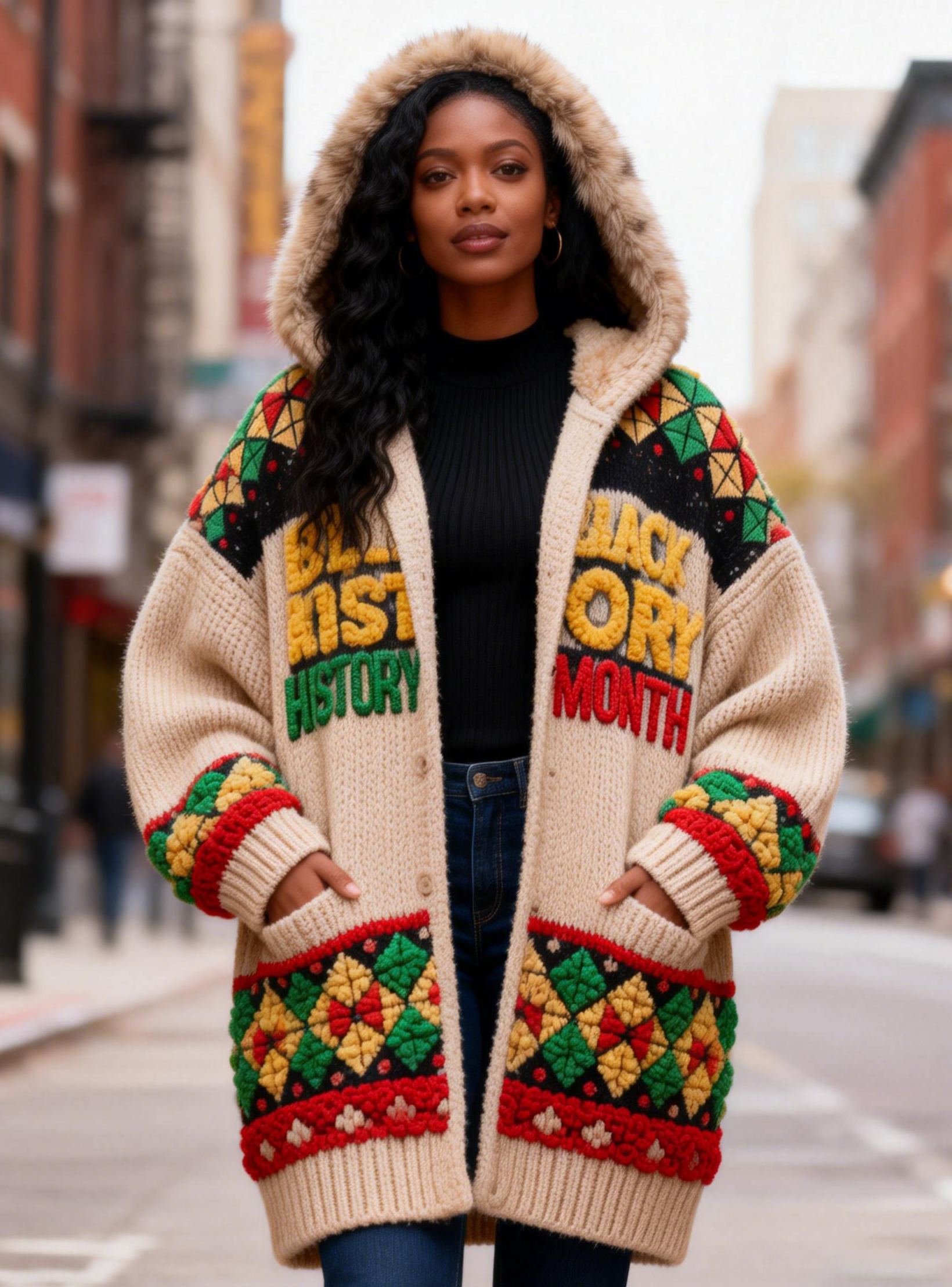 Women's Geometric Pattern & Colorful Letter Black History Month Faux Fur Trim Cardigan