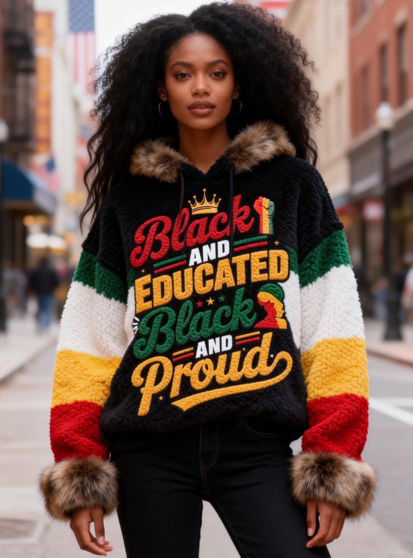 Women's Black & Educated Proud Themed Faux Fur Trim Hooded Sweater