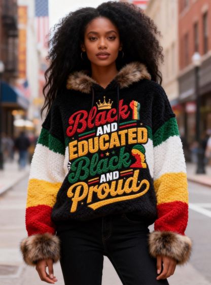 Women's Black & Educated Proud Themed Faux Fur Trim Hooded Sweater