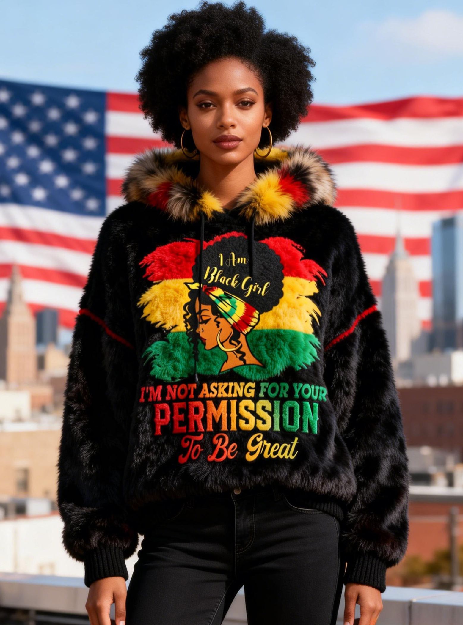 Women's Colorful Fur Trim & "Not Asking For Permission To Be Great" Slogan Portrait Faux Fur Hoodie
