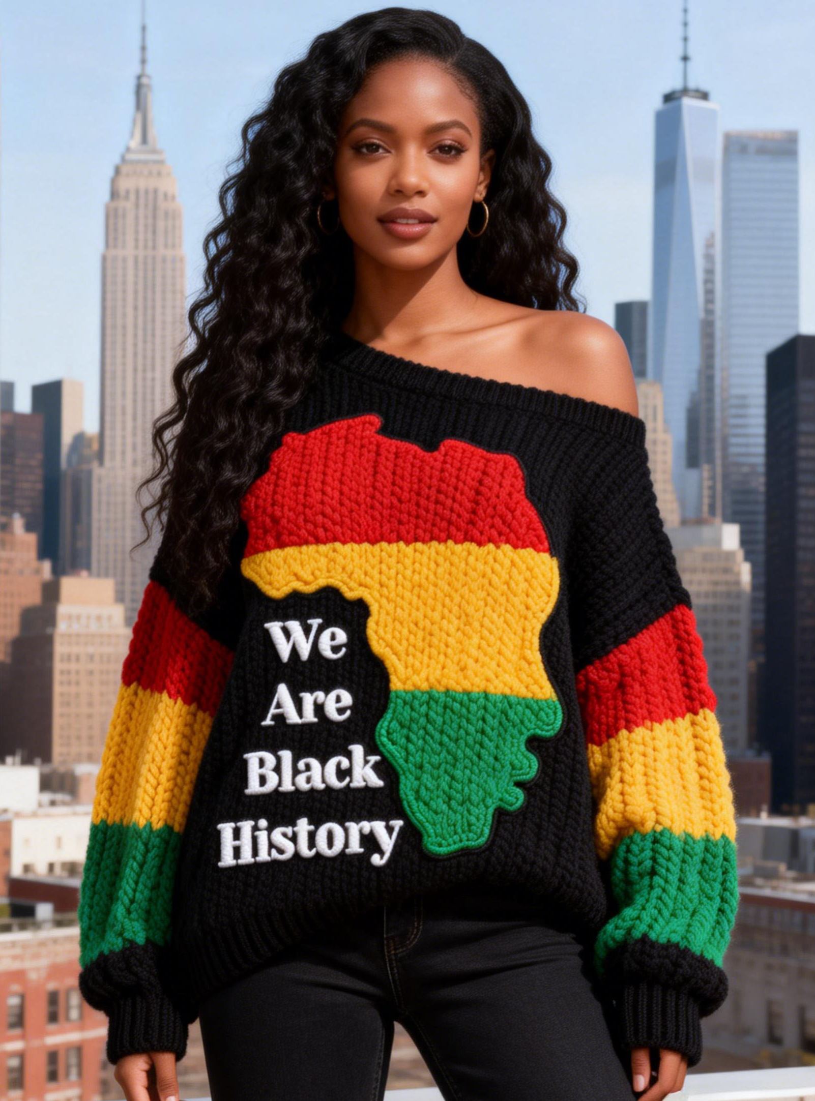 Women's Red-Yellow-Green African Map & "We Are Black History" Off-Shoulder Black History Sweater 