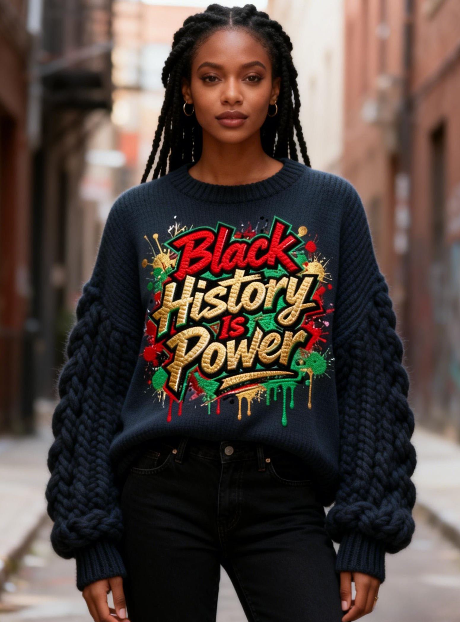 Women's "Black History Is Power" Slogan Navy Chunky Knit Black History Sweater