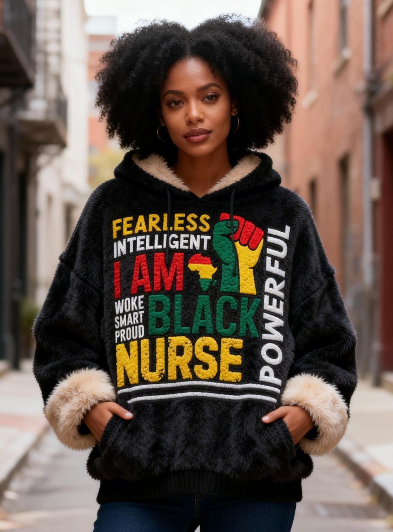 Women's "Fearless Intelligent Powerful" Slogan & Fist-Africa Map Embroidery Faux Fur Hoodie