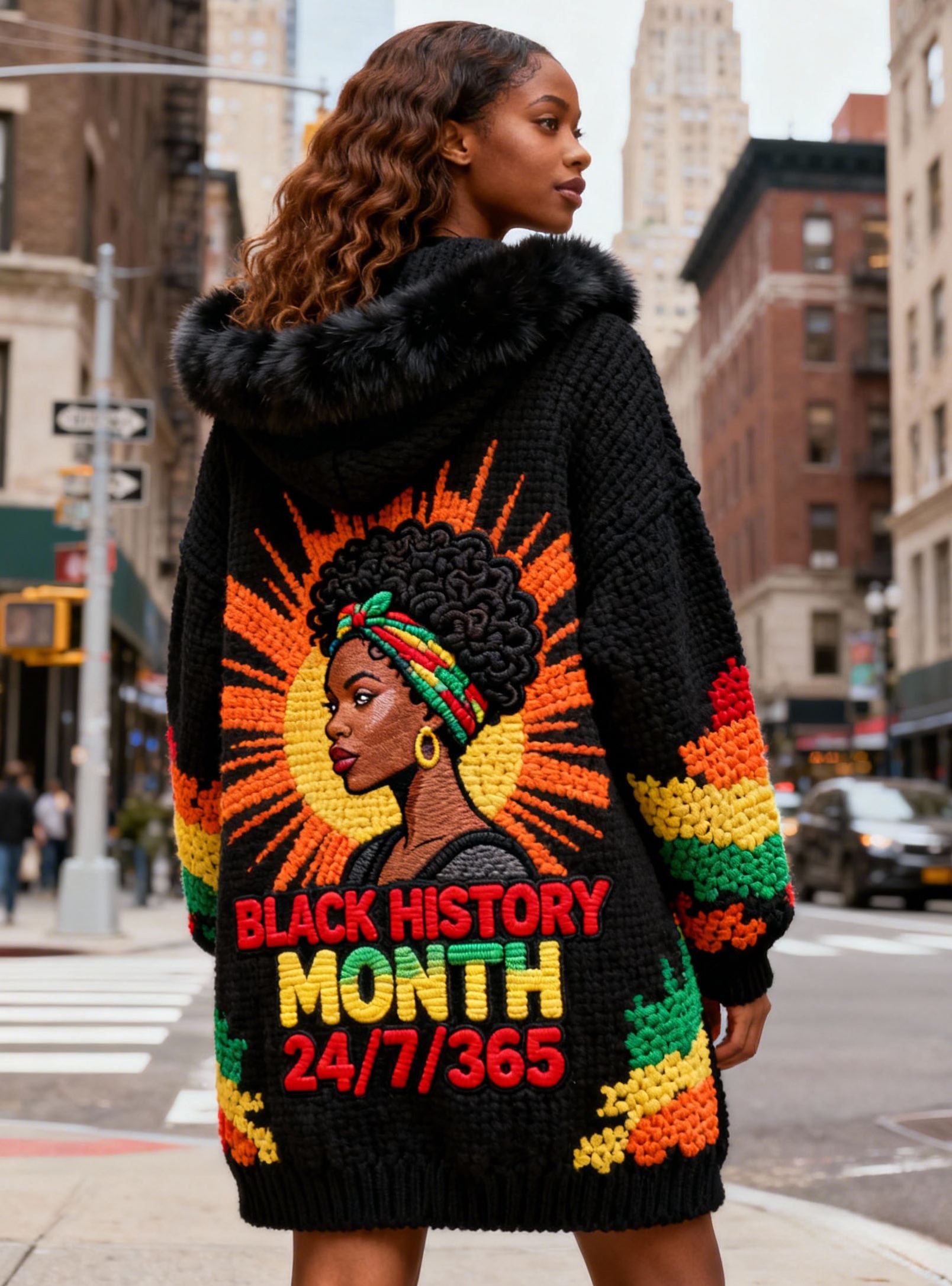 Women's Black History Month Faux Fur Trim & Sunburst Portrait Embroidery Hooded Sweater Cardigan