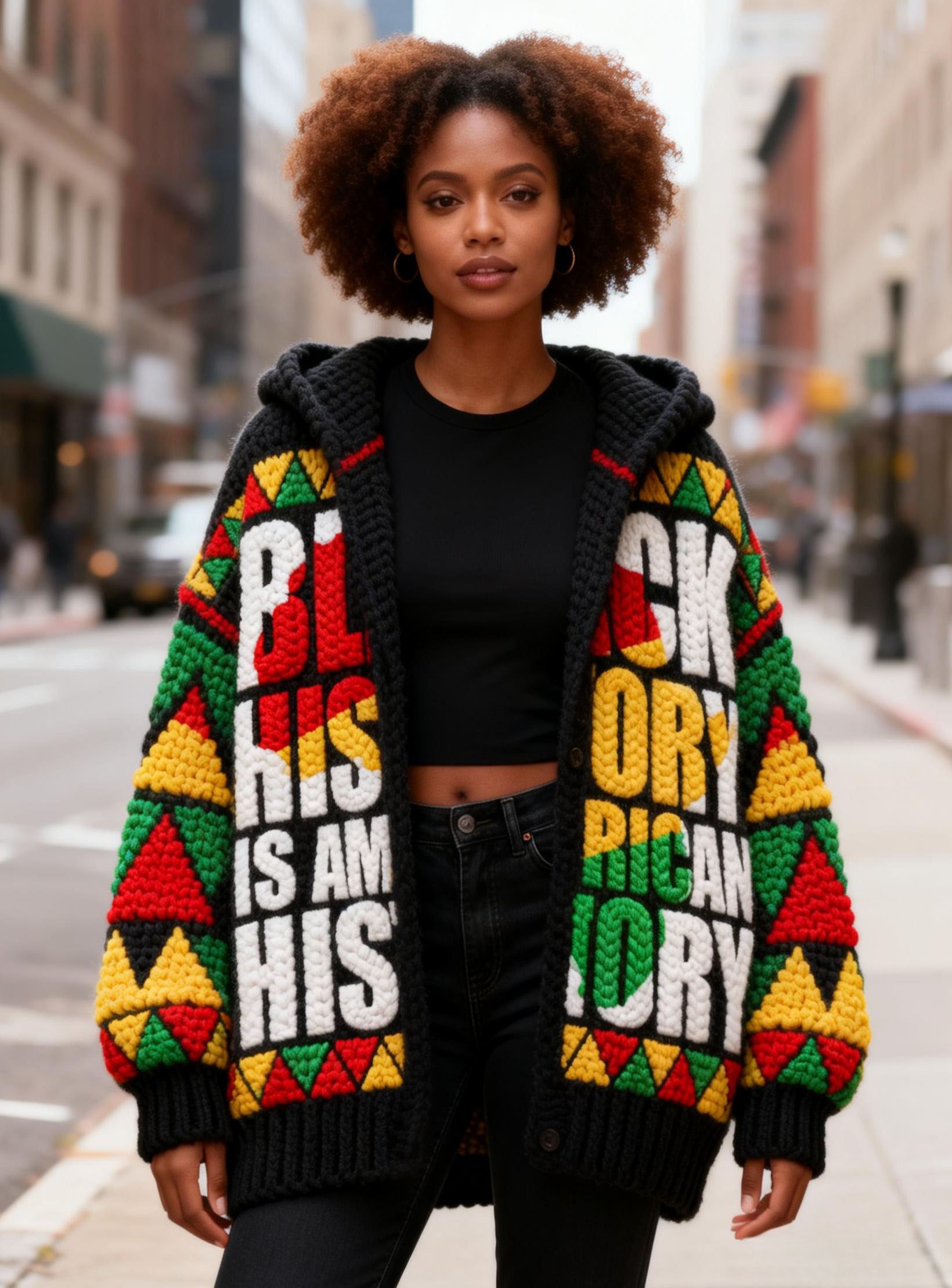 Women's "Black History Is American History" Chunky Knit Hooded Sweater Cardigan