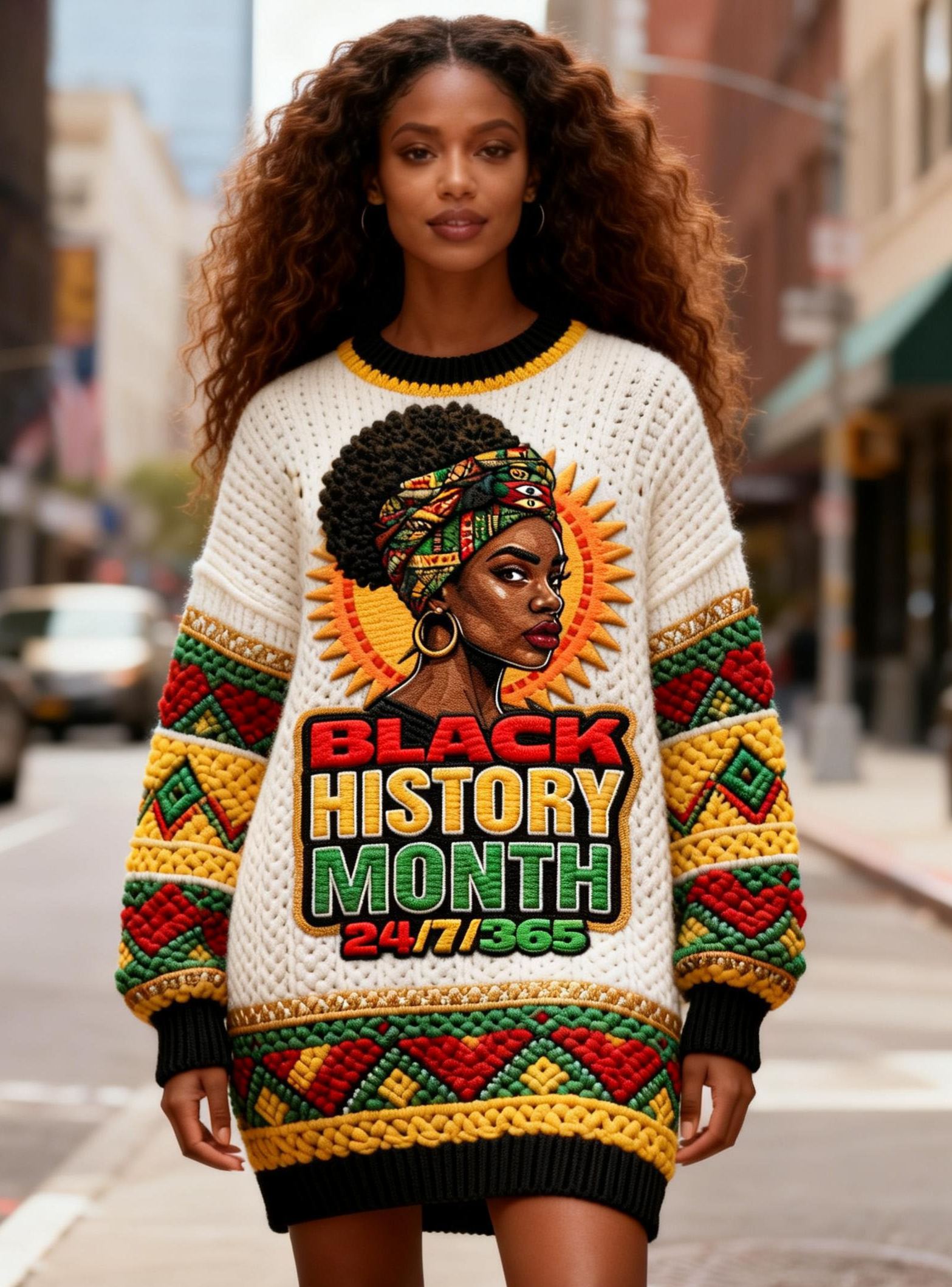 Women's Black History Month 24/7/365 African Queen Embroidery Chunky Knit Sweater Dress