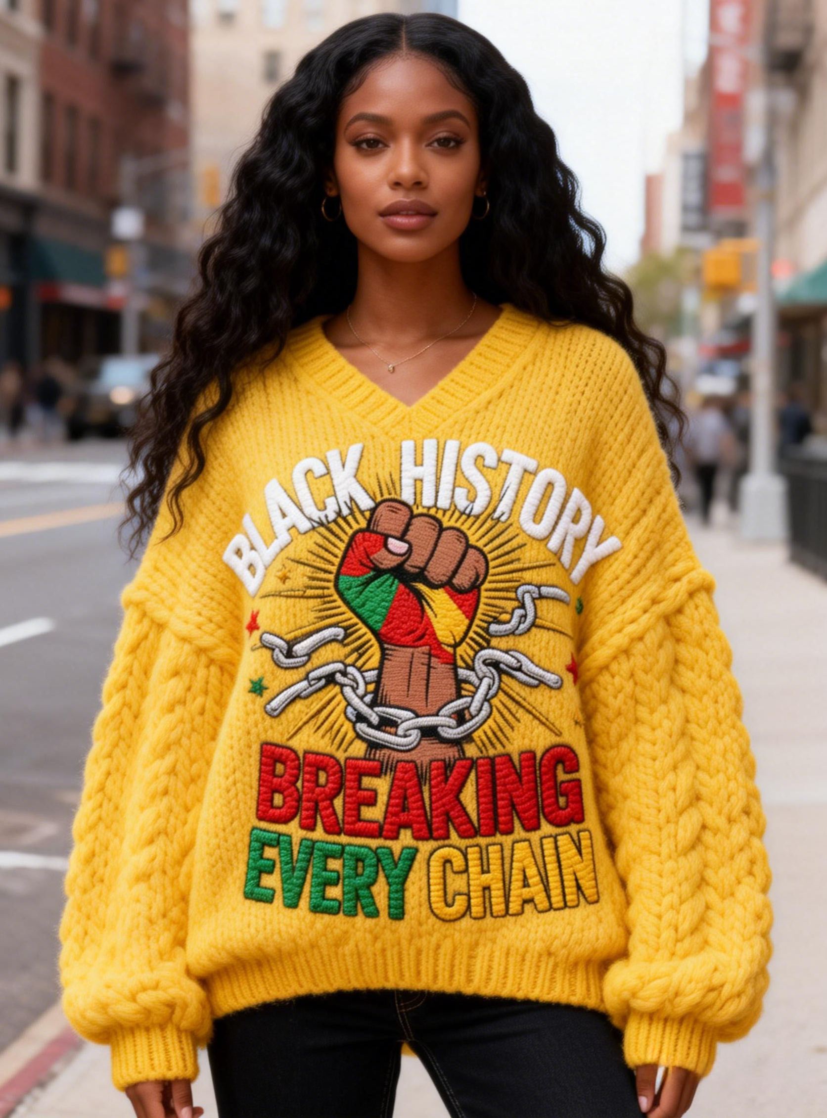 Women's Black History "Breaking Every Chain" Fist & Chain Embroidery V-Neck Sweater 