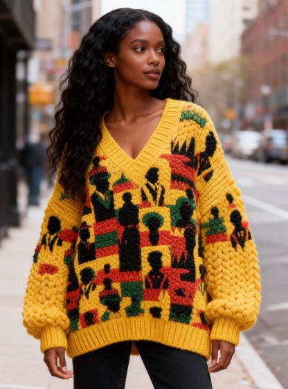 Women's Black History Month Silhouette Oversized Chunky Knit V-Neck Sweater