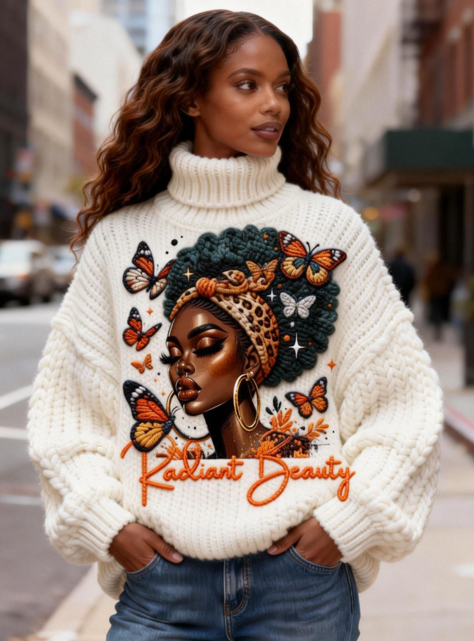 Women's "Radiant Beauty" African Queen & Butterfly Embroidery Chunky Knit Turtleneck Sweater