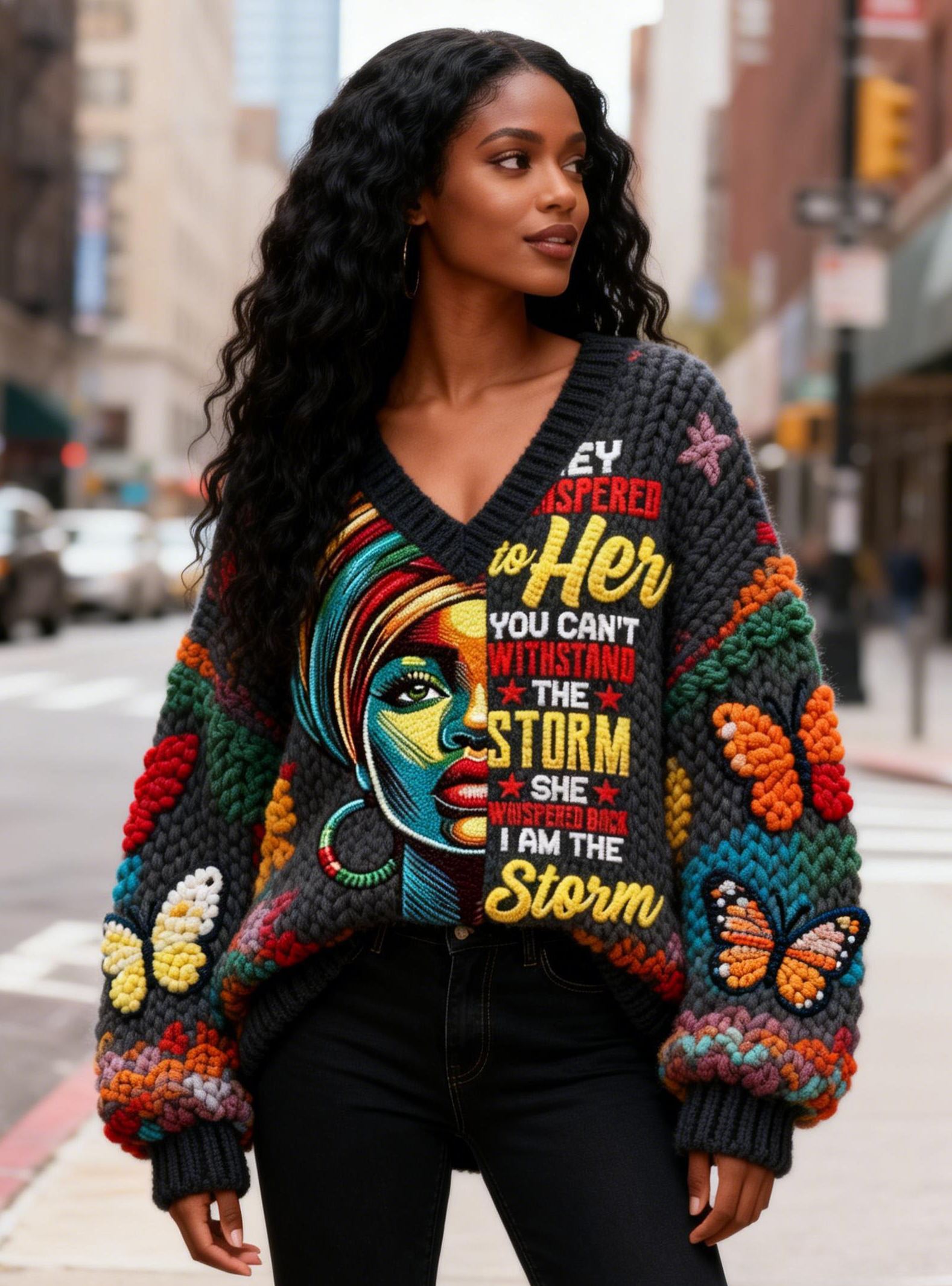 Women's African Queen & Butterfly Design "I Am The Storm" Black History Month V-Neck Sweater