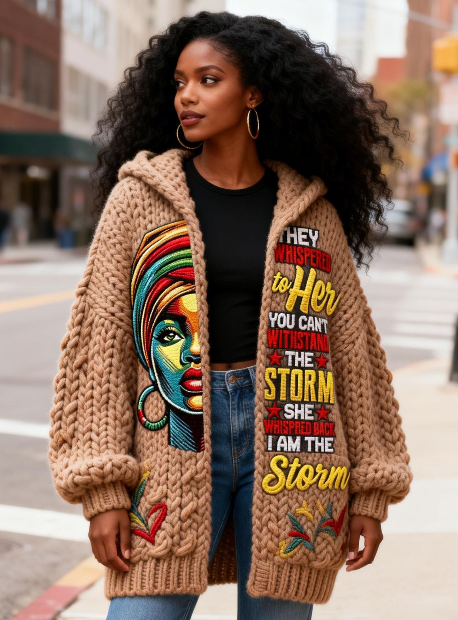 Women's "I Am The Storm" Black History Month African Queen Portrait Chunky Knit Hooded Cardigan
