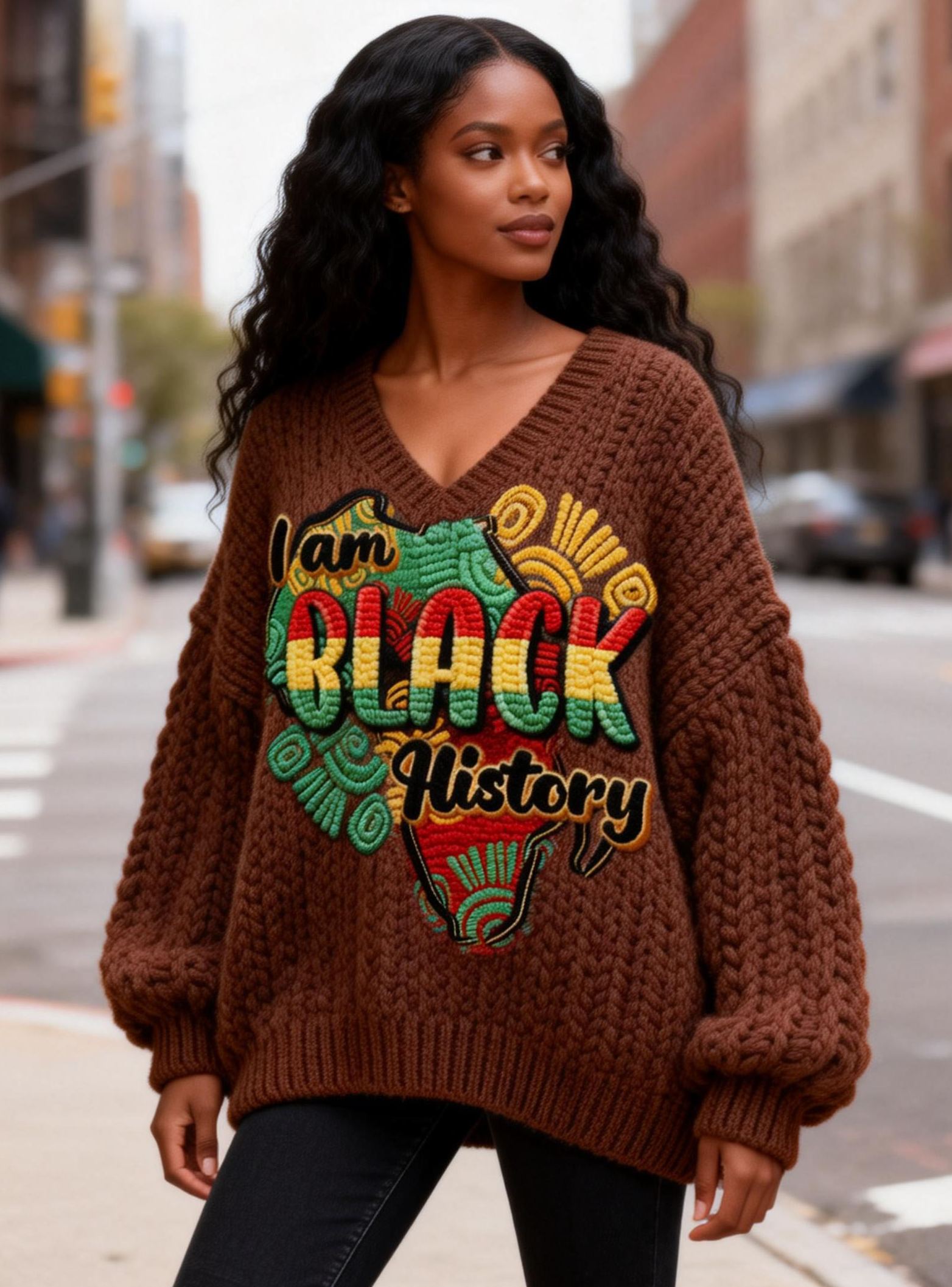 Women's "I Am Black History" Black History Month Africa Map Oversized Chunky Knit V-Neck Sweater 