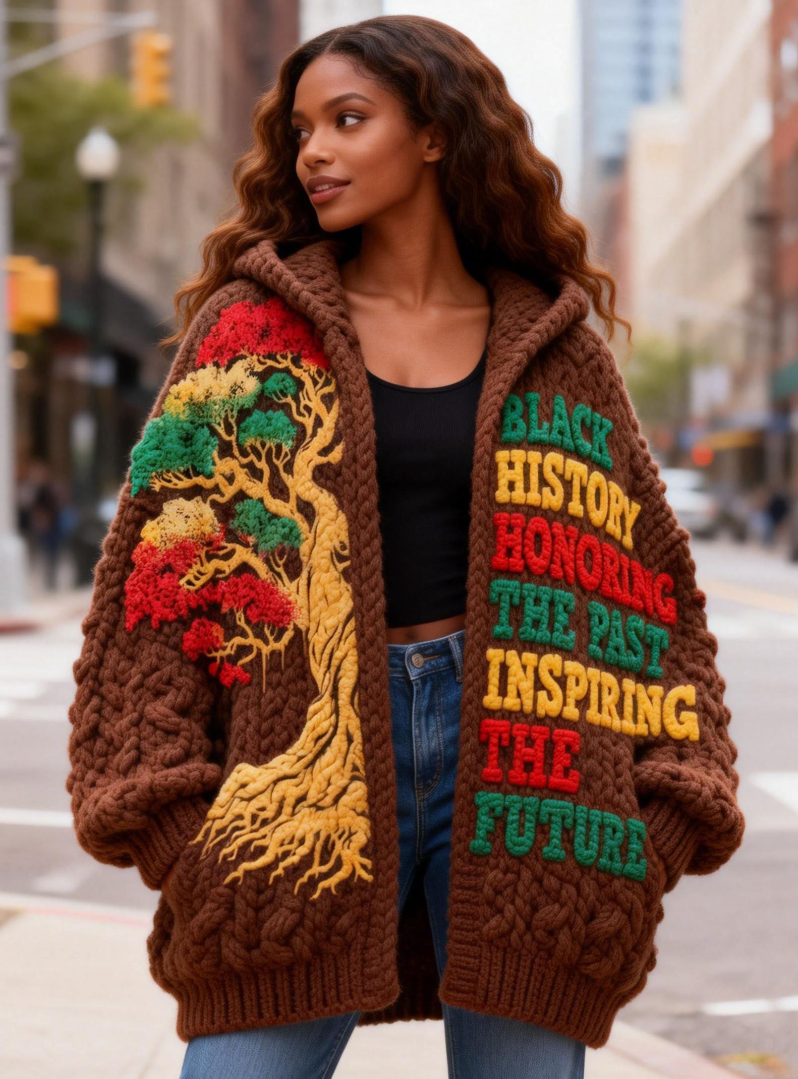 Women's "Honoring Past Inspiring Future" Black History Month Tree Embroidery Chunky Knit Hooded Cardigan 